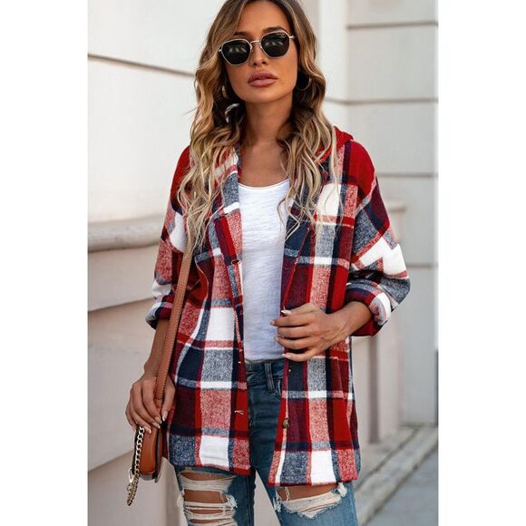 Azura Exchange  Red Hooded Plaid Button Front Shacket - Picture 2 of 8